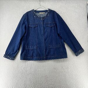 Vintage Festival Denim Jacket‎ Beaded Collar & Cuffs Button Front Dark Wash L
